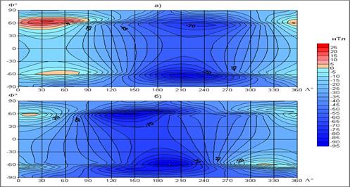 Карта распределения магнитного поля кольцевого тока на земной поверхности G4 в главную фазу магнитной бури 15/05/1997г.