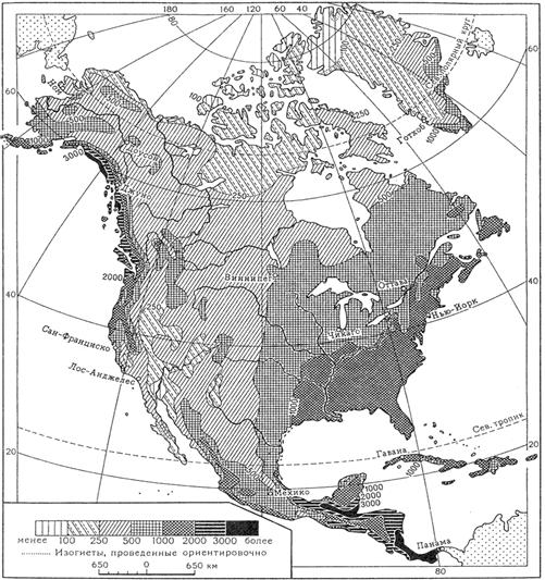 Среднегодовое количество осадков в Северной Америке, мм.