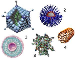 Наночастицы, используемые для доставки терапевтических молекул. 1- липосома и аденовирус; 2 - полимерная наноструктура; 3 -дендример; 4 -углеродная нанотрубка.