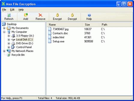 Рабочее окно программы Max File Encription 1.8.