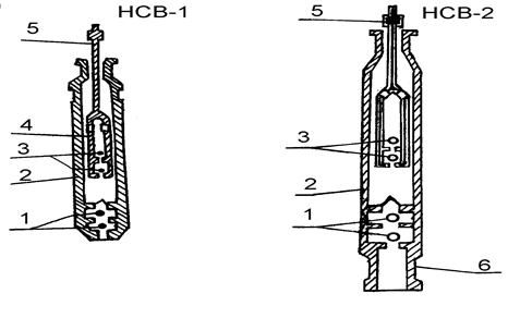 Схема вставных скважинных насосов 1 - впускной клапан; 2 - цилиндр; 3 - нагнетательный клапан; 4 - плунжер; 5 - штанга; 6 - замок.