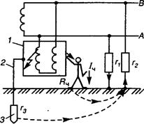 Схема защитного заземления в однофазной двухпроводной сети.