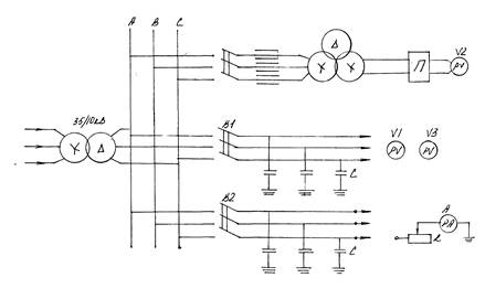 Схема стенда для проверки работы схемы контроля изоляции (конденсаторы С моделируют распределительную ёмкость проводов воздушных линий).