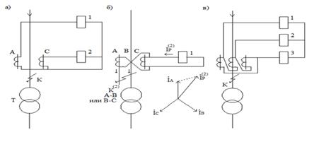 Рис. 9 Схемы включения максимальных реле тока токовой отсечки.