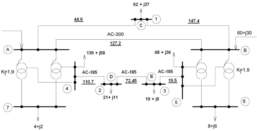 Упрощенная схема замещения электрической сети (вариант 1).