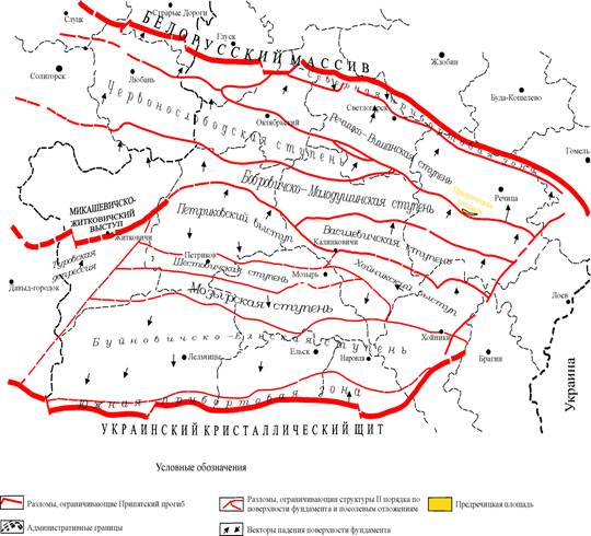 Карта тектонического районирования припятского прогиба (по Н.Д. Кудрявцу с редактированием А.А. Главацкого).