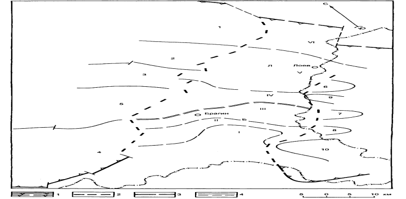 Схема тектонического районирования поверхности фундамента Брагинско-Лоевской седловины (по В.С. Михайлову, Л.В. Шафаруку) [6, c. 555] Границы (сплошные линии - достоверные, прерывистые - условные).