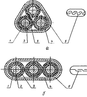 Круглый и плоский кабель. 1 - жила; 2 - изоляция; 3 - оболочка; 4 - подушка; 5 - броня.